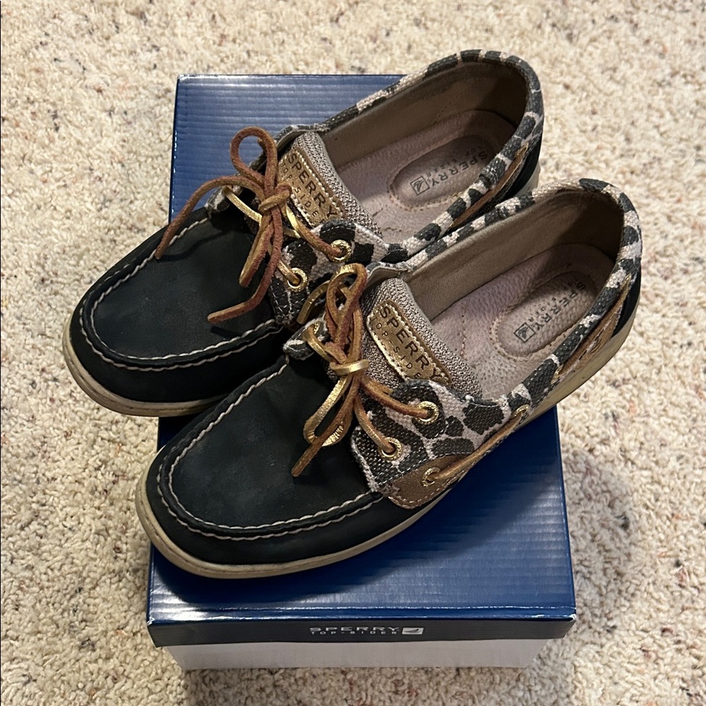Sperry Women's Black and Leopard Print Boat Shoes